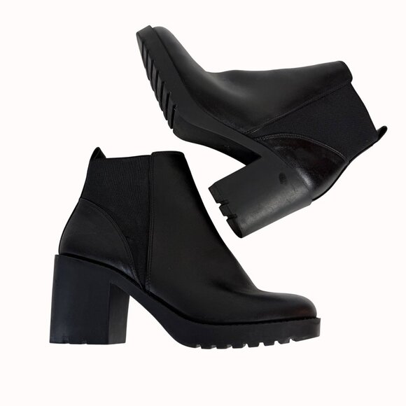 Divided Chunky Heel Ankle Boots Size 9.5 Biker Chic Black Platform Lug Shoe Edgy - Picture 5 of 16